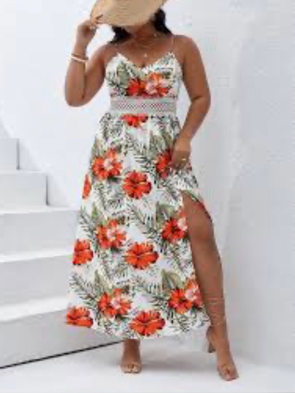 SHEIN VACAY Red and White Floral Maxi Dress